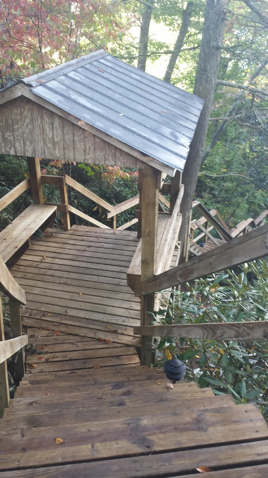Metal roofed shelter over wooden steps on a wooded walkway — Skylight Repair & Installation work by our crew in Happy Jack